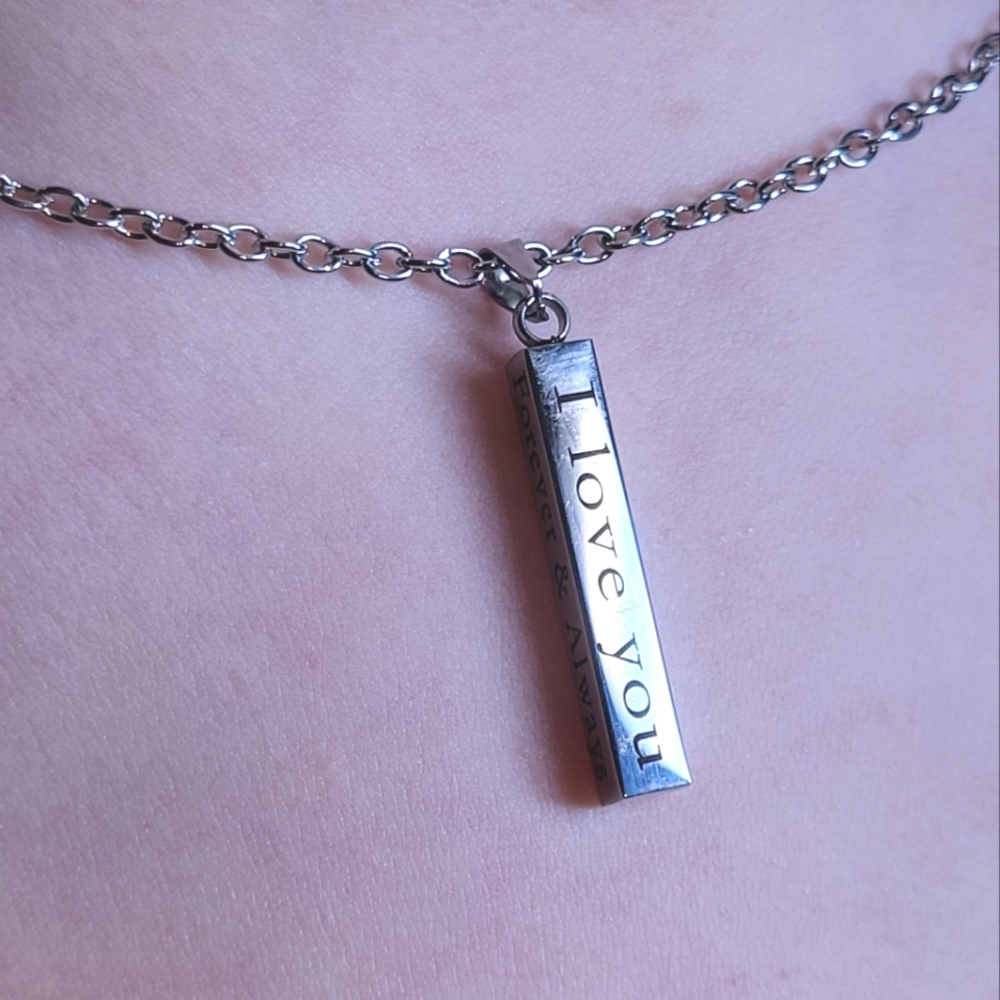 3D Engraved Bar Necklace 4 Sided Silver Plated Love Anniversary Gift Casual